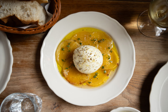 Cow’s milk burrata with roasted swede, honey, hazelnut oil and thyme at Alberto’s Lounge.