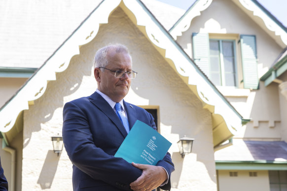 Prime Minister Scott Morrison delivered the royal commission’s report into aged care during a press conference at Kirribilli House in Sydney in March 2021.