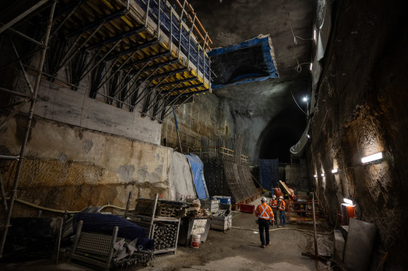 The floor of the cavern for the Hunter Street station’s platforms is about 30 metres below CBD streets. 