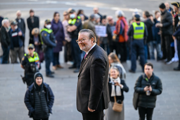 Bernie Finn on the steps of Parliament House after being kicked out of the Liberal Party.