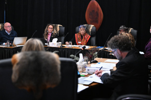Yoorrook Justice Commission Chair Eleanor Bourke (in red) chairs a meeting last month.
