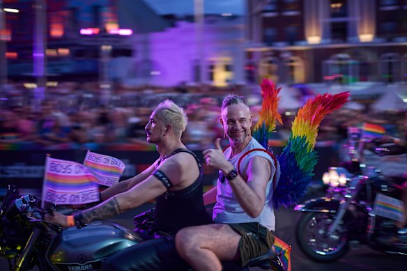 Boys on Bikes, a group of gay motor bikers and supporters zoom past.