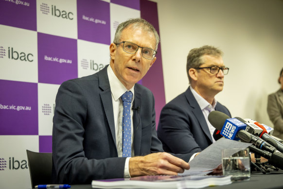 IBAC acting commissioner Stephen Farrow and deputy commissioner David Wolf after Operation Sandon was tabled to parliament in July.
