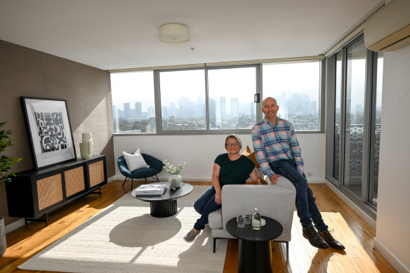 Rebecca Jarvie and Eddy Blatt at their apartment in Port Melbourne. 