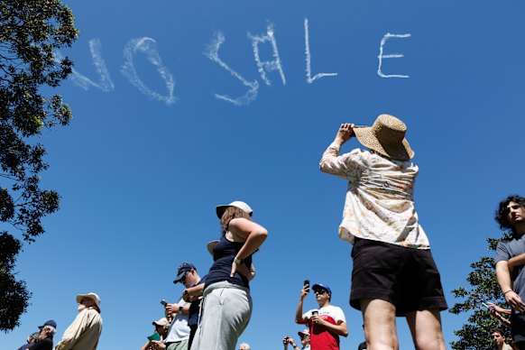 Skywriting over Balmoral Beach during the HMAS Penguin protest earlier this month. 