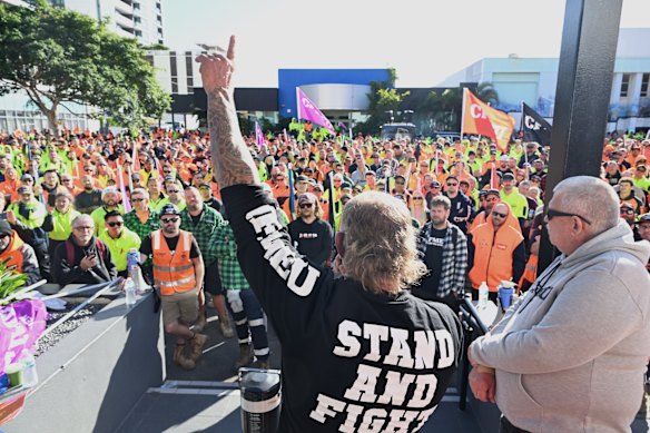 CFMEU members protesting the union being forced into administration at Bowen Hills in June.