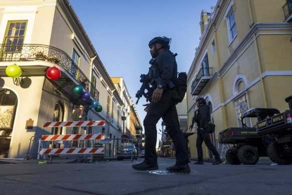 New Orleans police patrol Bourbon Street after the terror attack.