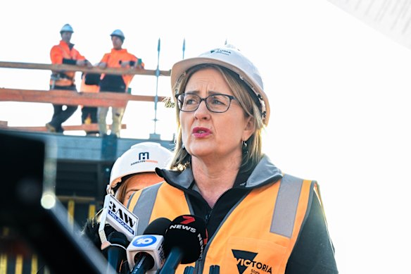 Premier Jacinta Allan at a construction site in the Docklands on Wednesday morning.