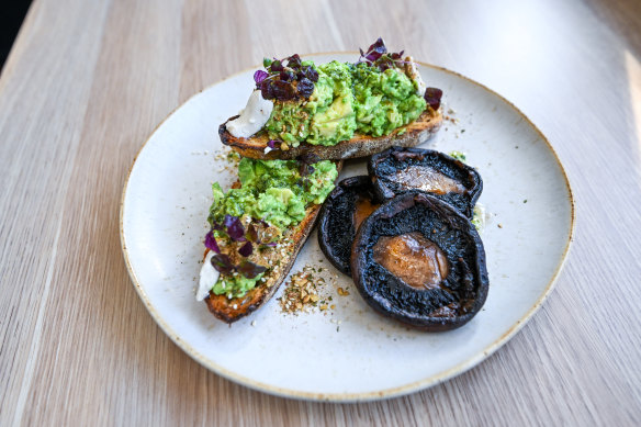 The smashed avocado with grilled mushrooms at For Change Cafe in Middle Park.