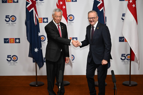 Singapore’s outgoing Prime Minister Lee Hsien Loong with Anthony Albanese at the ASEAN special summit in March. 