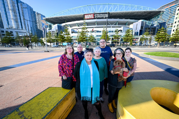 Sandra Severin (with blue scarf) and other Docklands residents oppose the development plan.