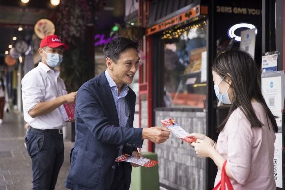 NSW Labor candidate Jason Yat-sen Li meets constituents in Burwood.