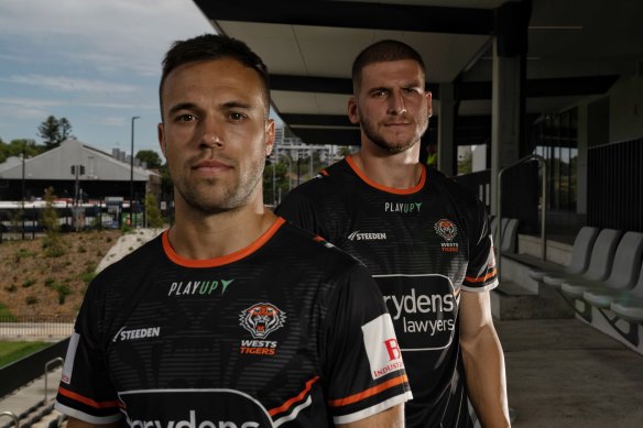 Wests Tigers players Luke Brooks (left) and Adam Doueihi at Concord Oval, Wests Tigers centre of excellence.