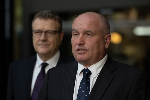 Transport Minister David Elliott with Transport for NSW secretary Rob Sharp on Wednesday.