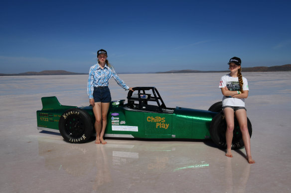 Toowoomba sisters Emily (16) and Kylie Gray (13) pose in front of their 300cc Kawasaki Ninja Lakester called Childs Play 