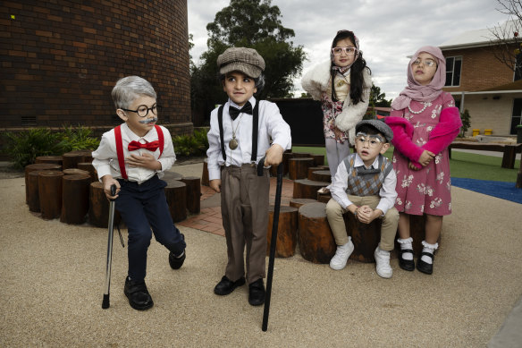 St Patrick’s Primary School  kindergarten students Levi Wiffin, Isaiah Chehab, Gabriella Yousif, Marcus Mieth and Jasmine Hammond dressed up for 100 Days of Kindy in Guildford, Sydney.