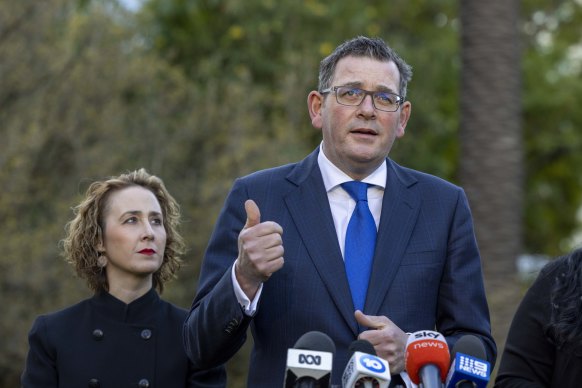 Premier Daniel Andrews addressing the media this afternoon. To his left is Mental Health Minister Gabrielle Williams. 