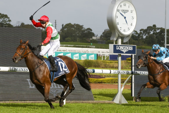 Brenton Avdulla stands up and raises his whip as Fireburn blitzes the Golden Slipper field last month.