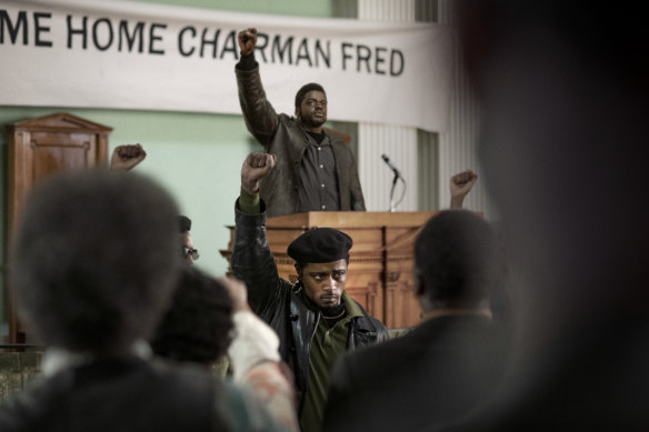LaKeith Stanfield, foreground center, and Daniel Kaluuya in Judas and the Black Messiah.