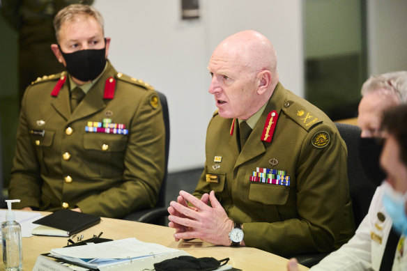 Lieutenant-General John Frewen speaks during a Zoom meeting in Canberra on Tuesday. 