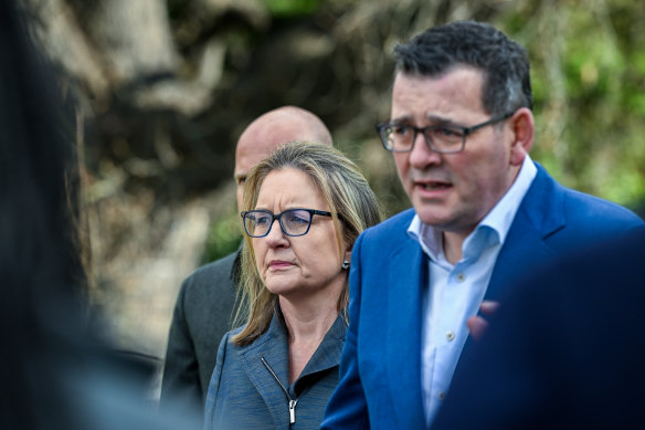 Then-premier Daniel Andrews and his deputy, Jacinta Allan, announce the cancellation in July last year of Victoria’s 2026 Commonwealth Games.