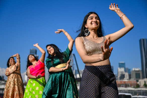 Diwali festival performers in Melbourne. From left, Anna Buardwaj, Kyra Gupta, Dipal Thakkar and Anya Gupta.