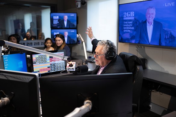 Ray Hadley on air with his family in the studio at his last show on 2GB before retirement in Sydney.