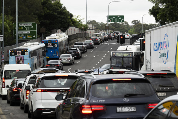 Stationary traffic at the Rozelle Interchange on its second day of operation last week.