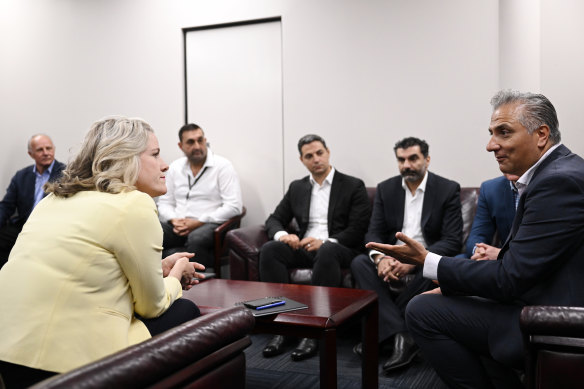 Home Affairs Minister Clare O’Neil meets Fairfield Mayor Frank Carbone (right),  Campbelltown Mayor George Greiss (second from right) and Liverpool Mayor Ned Mannoun (fourth from right), 