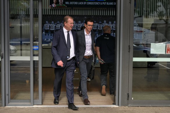 Dave Trodden and Ben Ikin after addressing the NRL club chiefs on Tuesday.