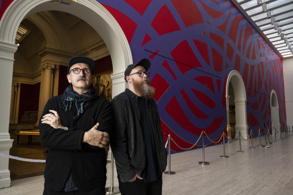 Musicians Chuck Johnson and JW Paton, pictured in front of Sol LeWitt’s wall painting, met for the first time in Sydney after months collaborating remotely on their new composition.