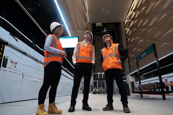 Transport Minister Jo Haylen and Premier Chris Minns tour new platforms at Central station for the Metro City and Southwest line on Tuesday.