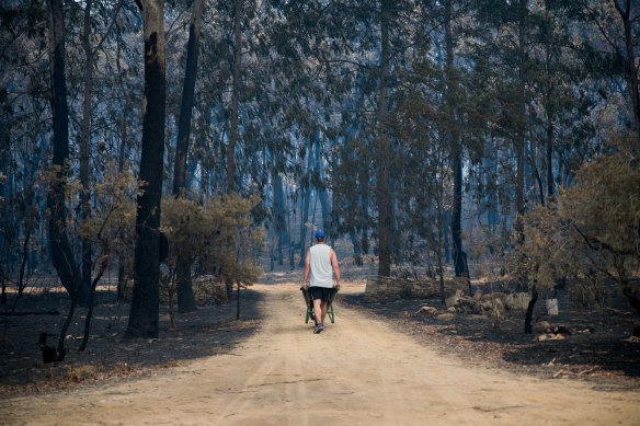 Locals inspect the bushfire damage in Wingello.