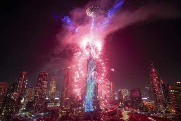 Fireworks at the Burj Khalifa, the world’s tallest building, during the New Year’s Eve celebration in Dubai, United Arab Emirates.
