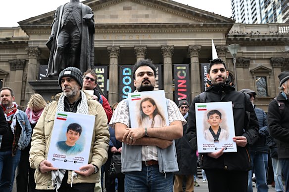 Pro-Palestine protesters outside the State Library on Sunday.