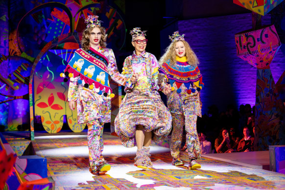 Jenny Kee modelling in the Iordanes Spyridon Gogos show at the Powerhouse during Afterpay Australian Fashion Week.