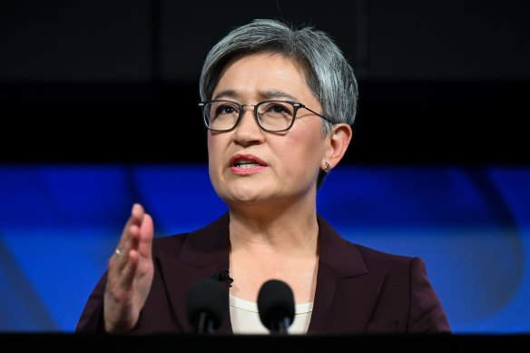 Foreign Affairs Minister Penny Wong addresses the National Press Club.