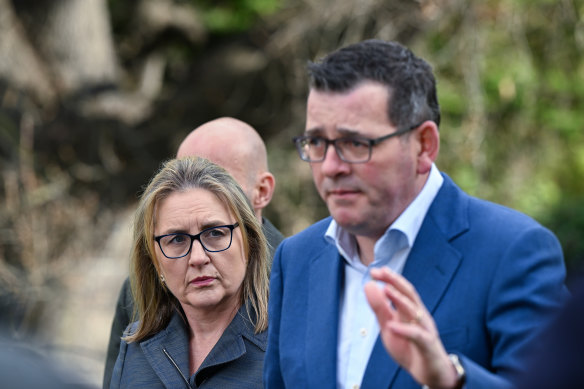 Then Victorian deputy premier Jacinta Allan and then premier Daniel Andrews announcing the decision to cancel the 2026 Commonwealth Games in July 2023.