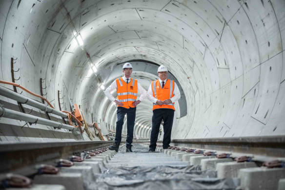 Premier Dominic Perrottet and Transport Minister David Elliott inspect the Sydney Metro City tunnels last year.