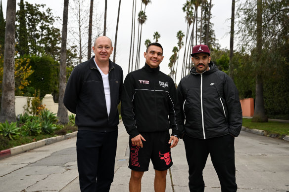 Tim Tszyu with trainer Igor Goloubev and chef Omar Iferd in Los Angeles.
