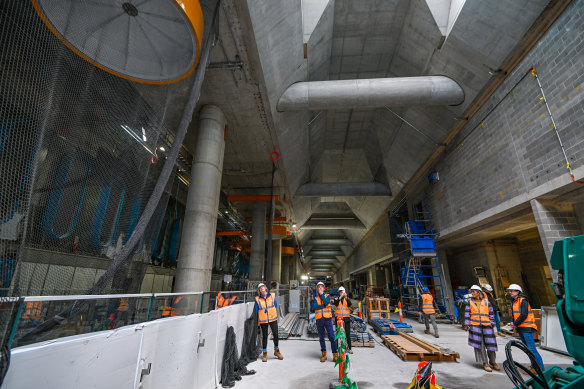 Daylight streams into the Melbourne Metro station under construction at Parkville.