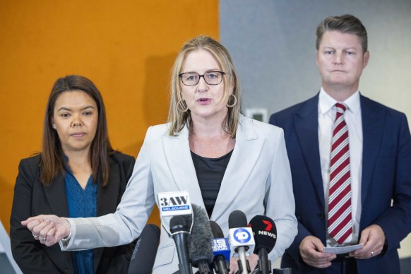 Premier Jacinta Allan speaking to the media on Tuesday, with Deputy Premier Ben Carroll (right) and the incoming member for Mulgrave, Eden Foster.