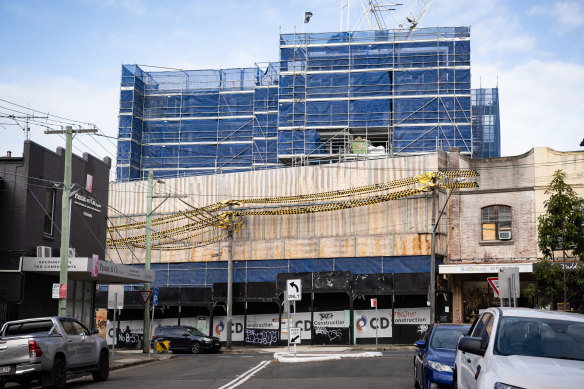 An affordable housing development by Nightingale and Fresh Hope Communities under construction in Marrickville in August 2023.