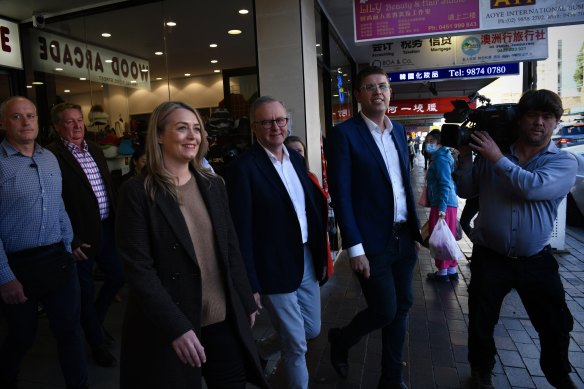 Anthony Albanese and his partner, Jodie Haydon, and Bennelong MP Jerome Laxale, in Eastwood on Saturday.