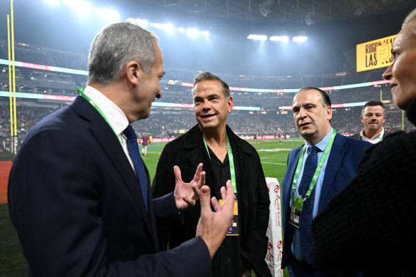 NRL chief executive Andrew Abdo (left), Fox Corp chief executive Lachlan Murdoch and ARL Commission chair Peter V’landys in Las Vegas.