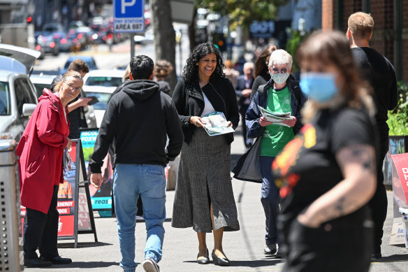Greens leader Samantha Ratnam at an early voting booth on Friday.