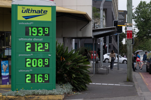 The price board at the BP in Camperdown on Tuesday showing basic unleaded approaching $2.