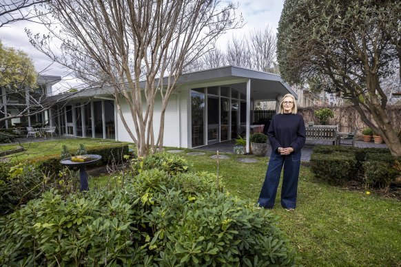 Fiona Austin, founder of Beaumaris Modern, at one of the Bayside homes she wants to see protected with heritage listing. 