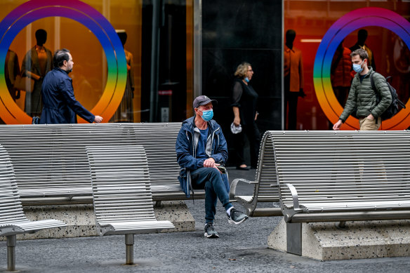 Stainless steel seating in Bourke Street.