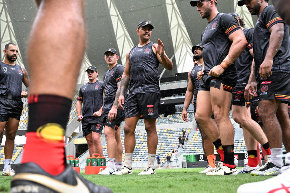 Latrell Mitchell addresses his players during the Indigenous All Stars captain’s run on Thursday.